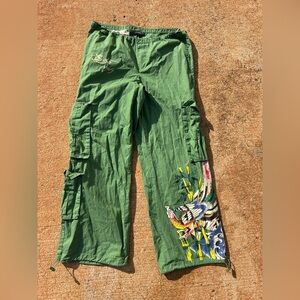 Ed Hardy Peacock Poplin Wide Lego Cargo Pants in Army Green Small